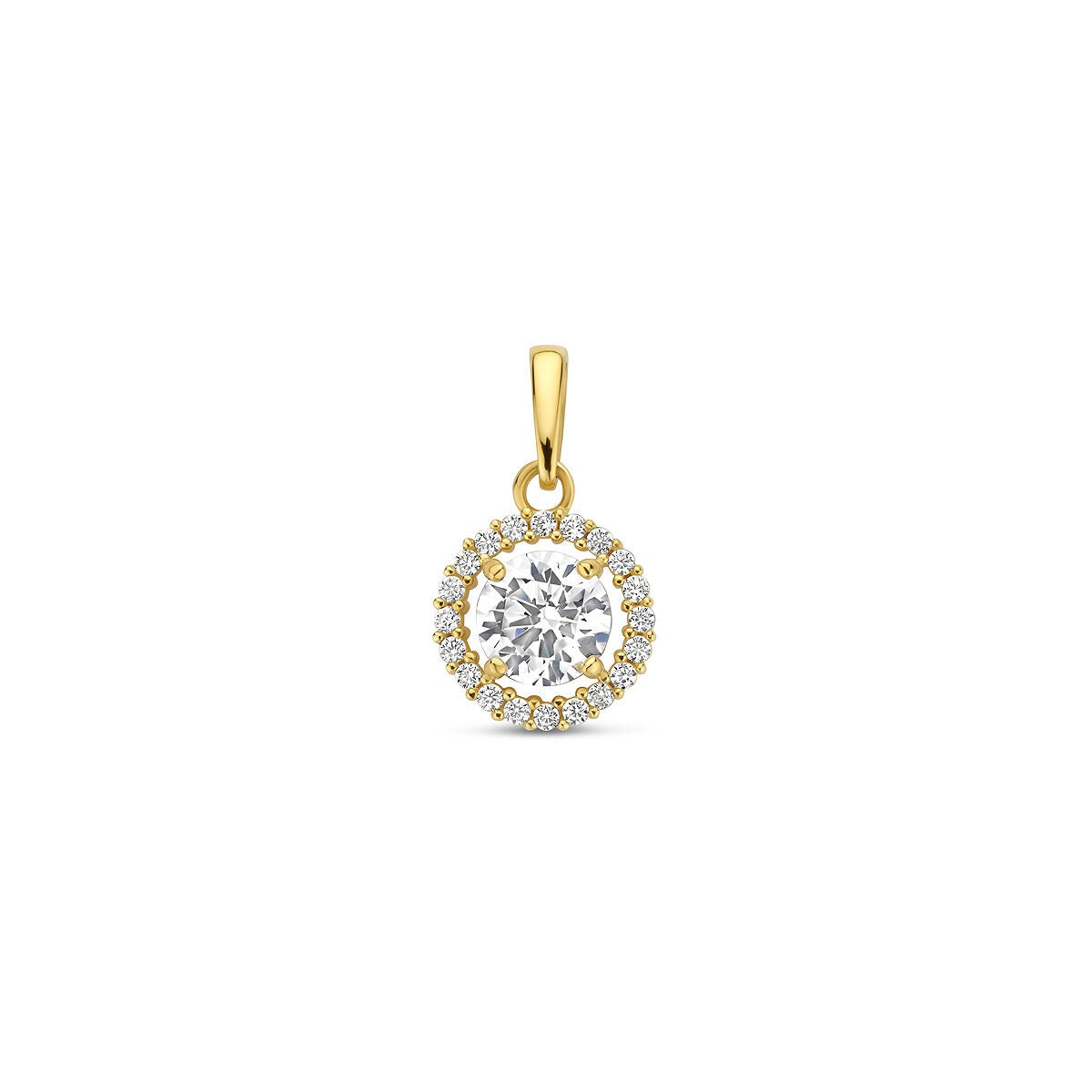 Gouden hanger met een grote zirkonia, omringd door kleine zirkonia's in entourage stijl.