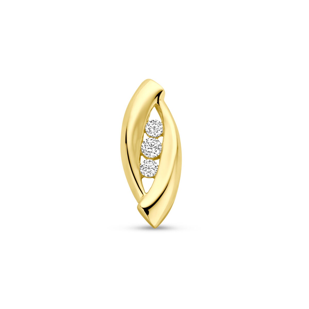 Ciondolo in oro giallo 14k con tre zirconi, forma ondulata, dimensione 15 mm.