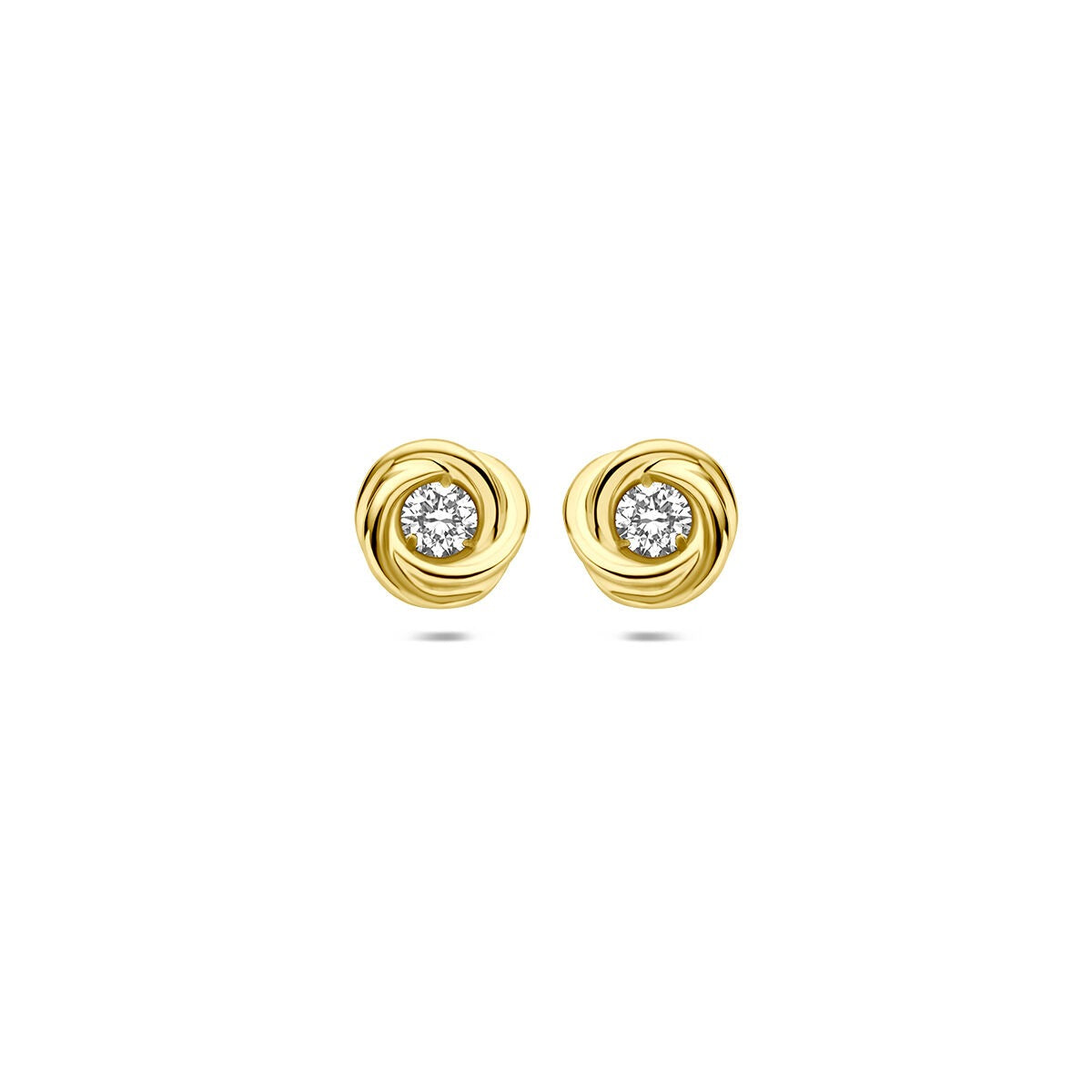 Orecchini in oro giallo 14k con diamante lab-grown incastonato in un design a spirale.