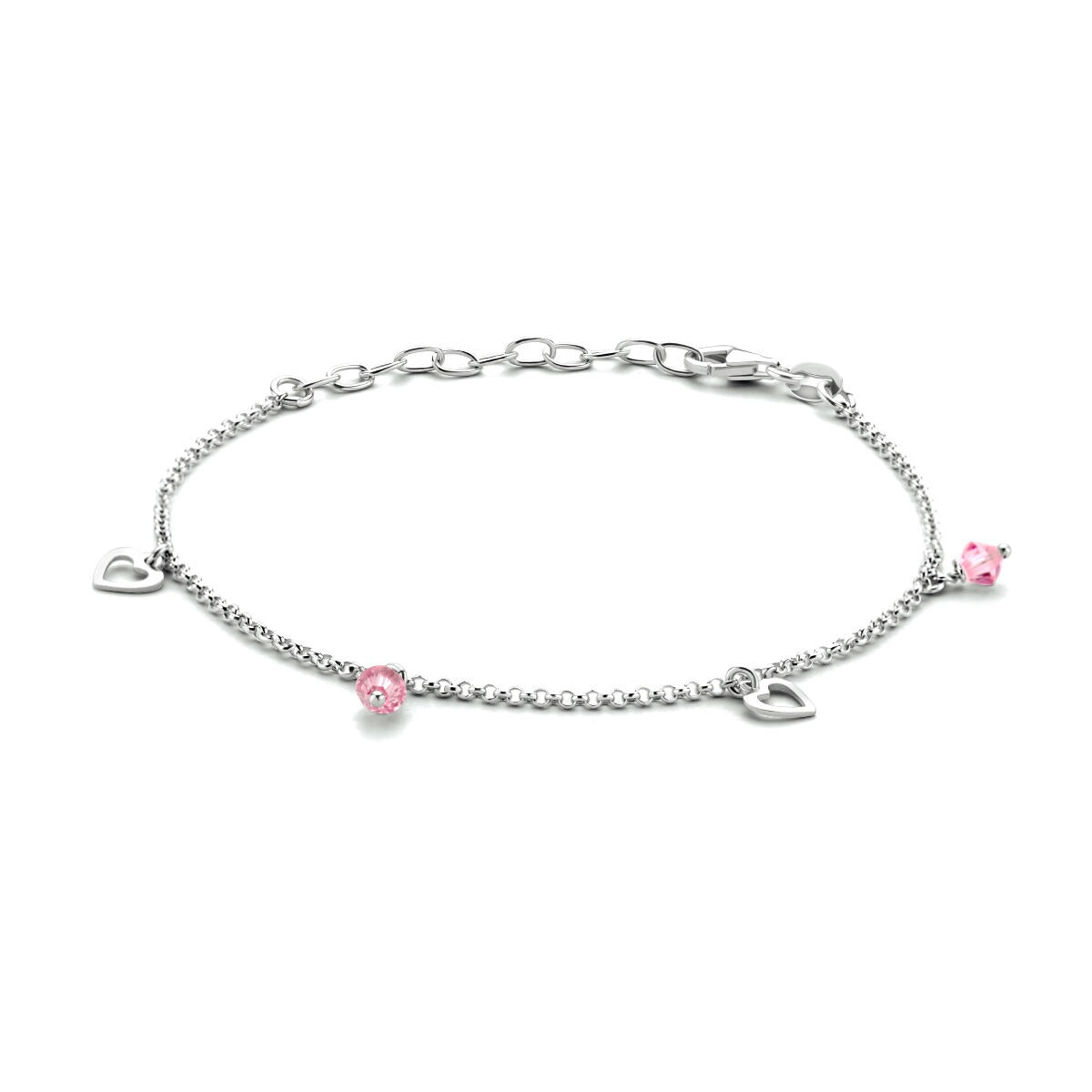 Bracciale per caviglia in argento 925 rodiato con pietre rosa e pendenti a forma di cuore.