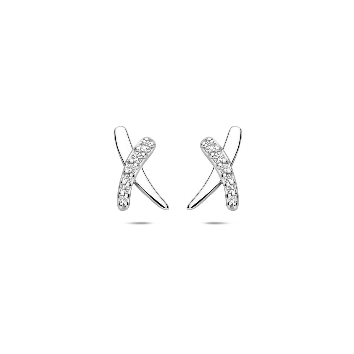 Orecchini in argento con zirconi, design a pavé, forma incrociata.