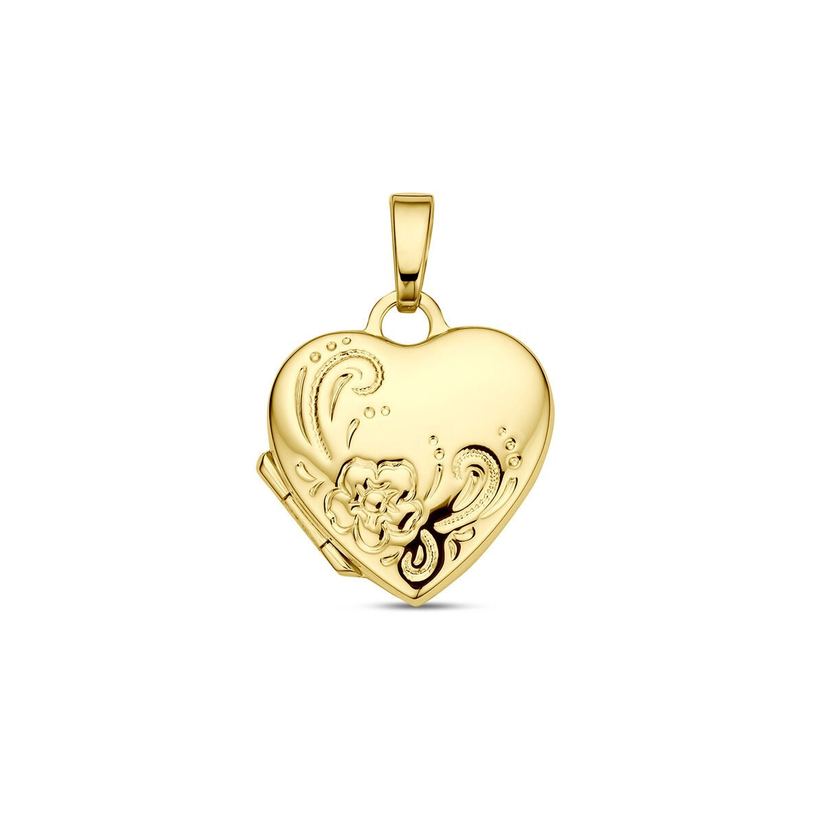 Ciondolo a forma di cuore in oro giallo 9k con incisione decorativa.