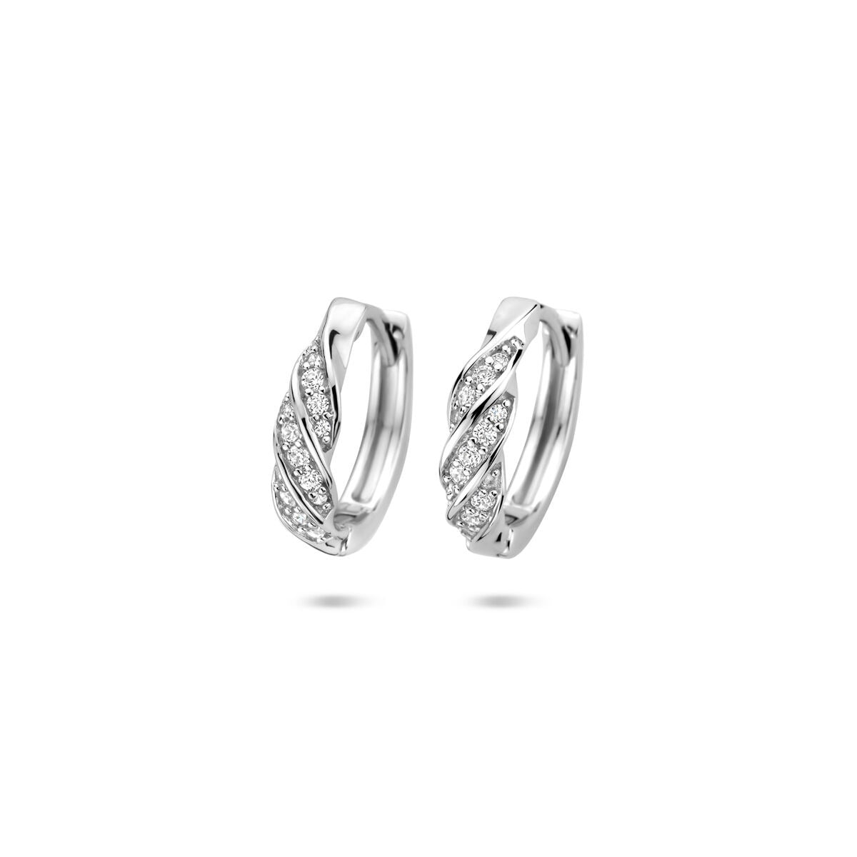Orecchini alla creola in argento 925 rodiato con zircone, design a spirale.