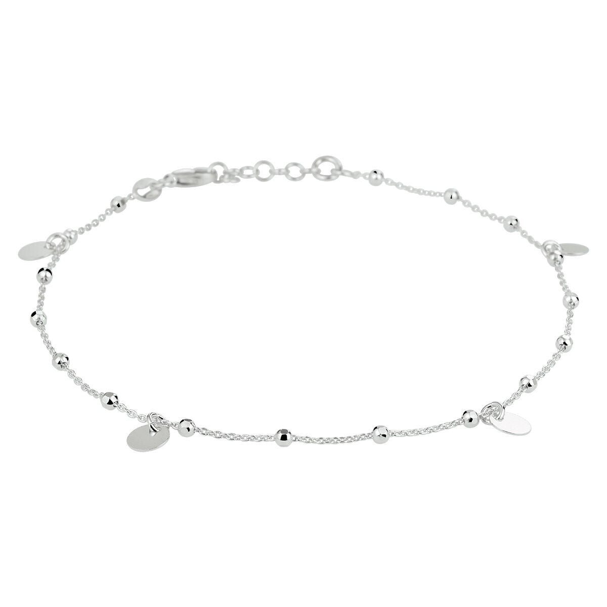 Bracciale d'argento con rondelle e anelli, finitura rodiata.
