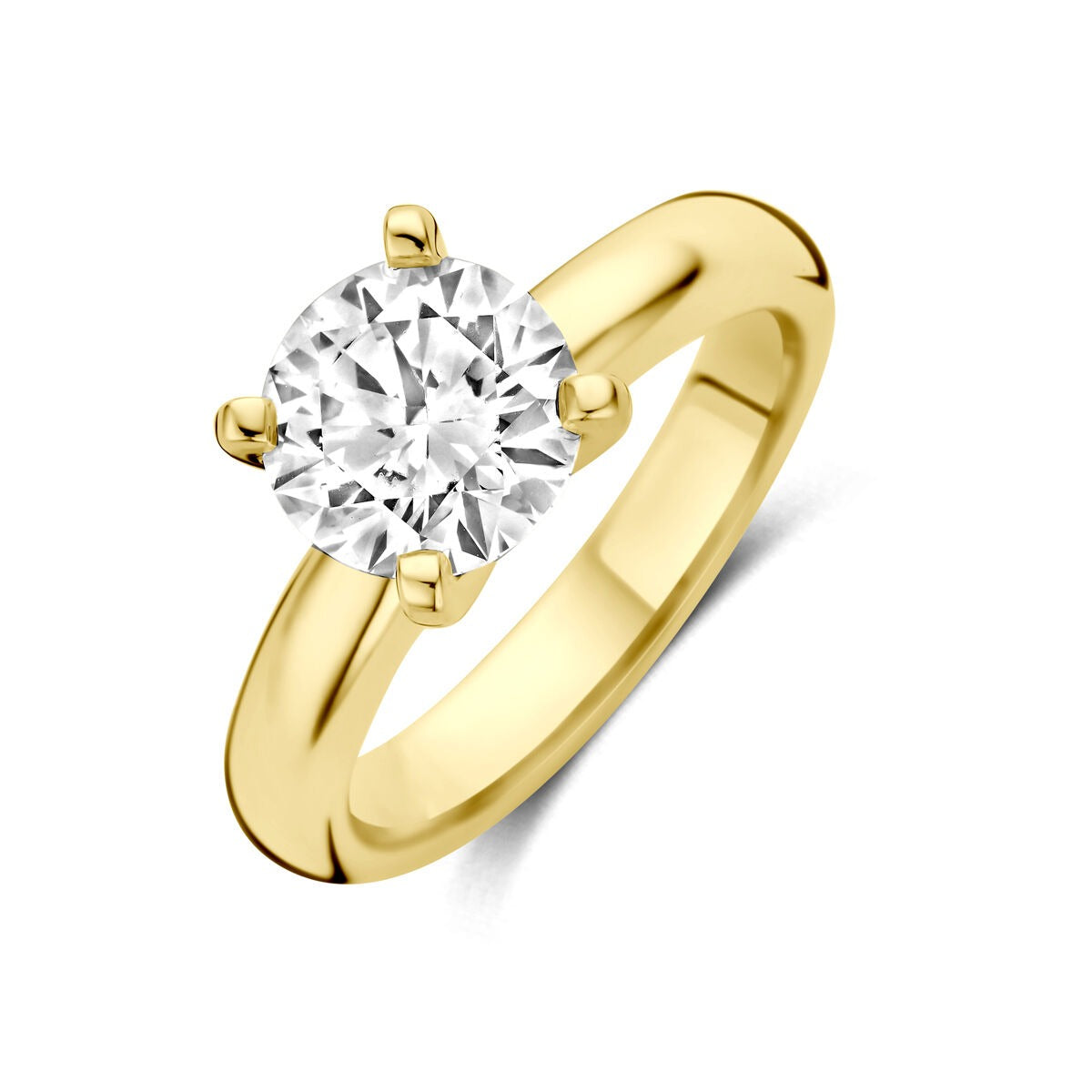 Anello in oro giallo 14k con diamante lab grown da 2.00ct, design semplice e brillante.