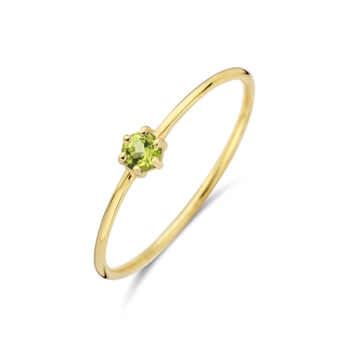 Anello in oro giallo 14k con peridoto, taglio brillante, design semplice e raffinato.