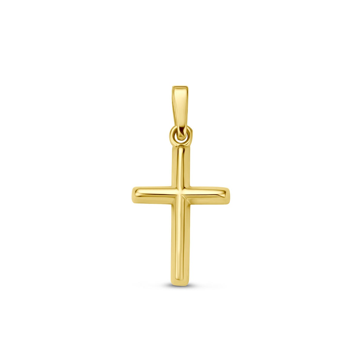 Ciondolo a croce in oro giallo 9 carati, con finitura lucida e design semplice.