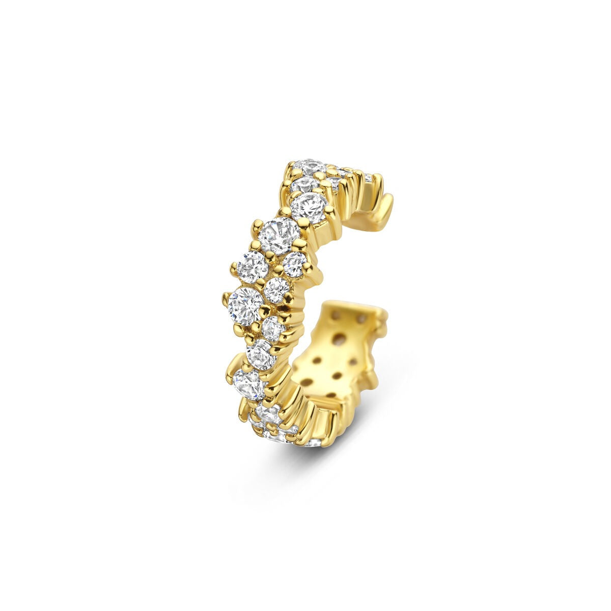 Ear cuff in argento dorato con zirconi, design ondulato e dettagli brillanti.