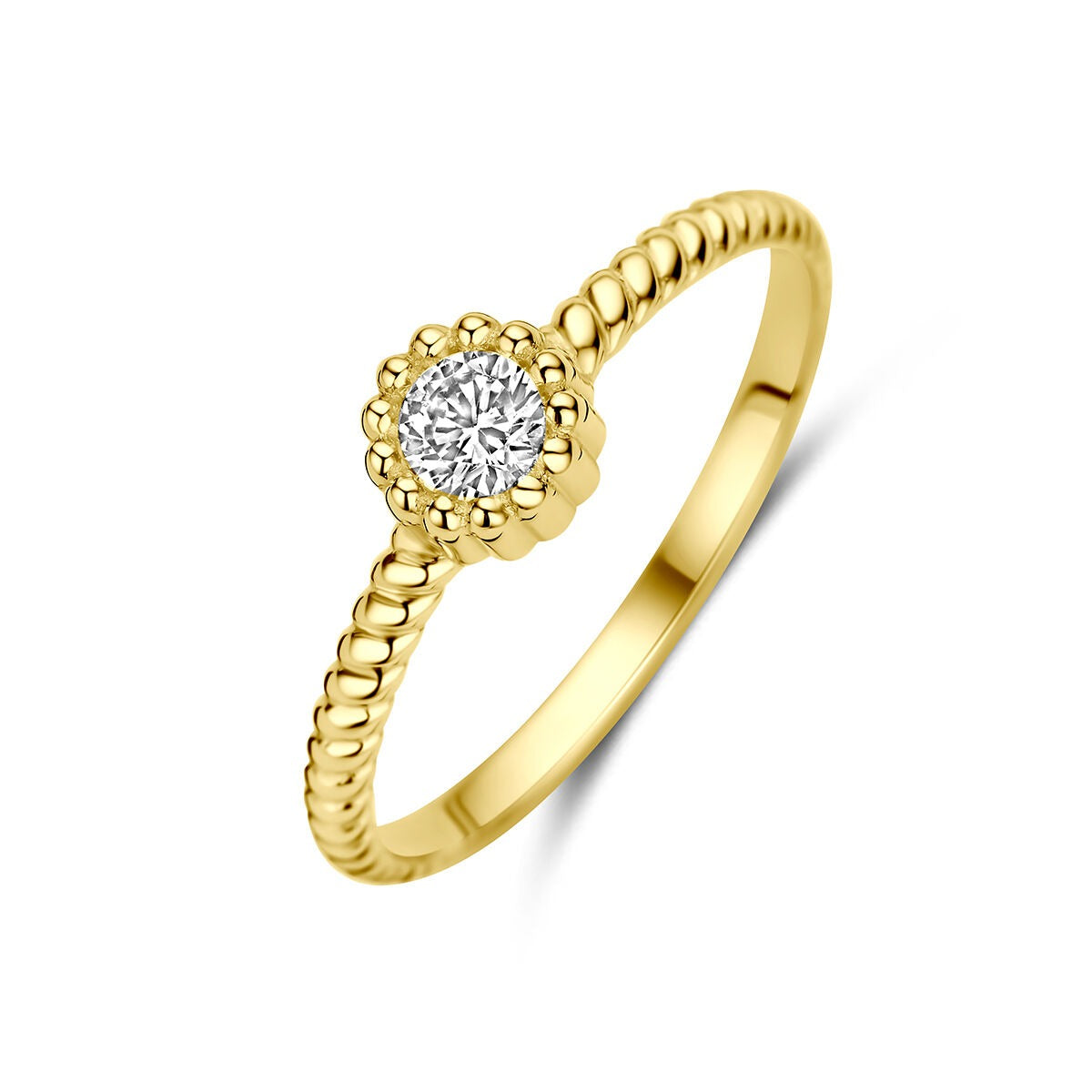Anello in oro giallo 9k con zircone centrale e fascia decorata.