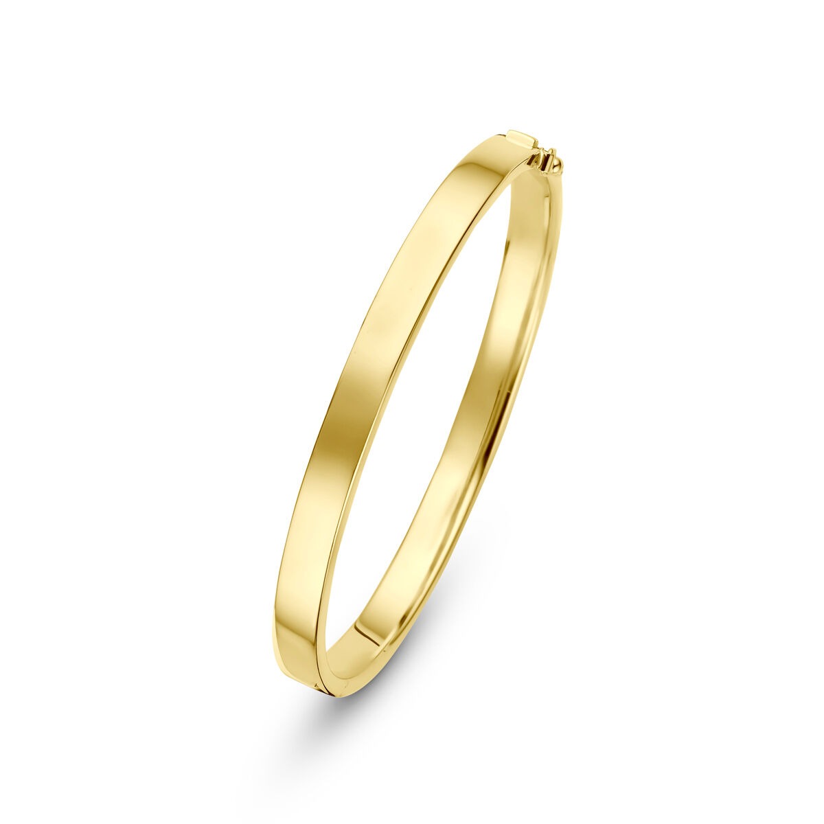 Bracciale in oro giallo 14k, finitura liscia, larghezza 6 mm, design semplice e raffinato.