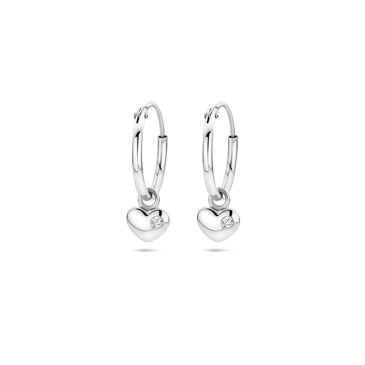Orecchini alla creola in argento con cuore e zirconi, finitura rodiata.