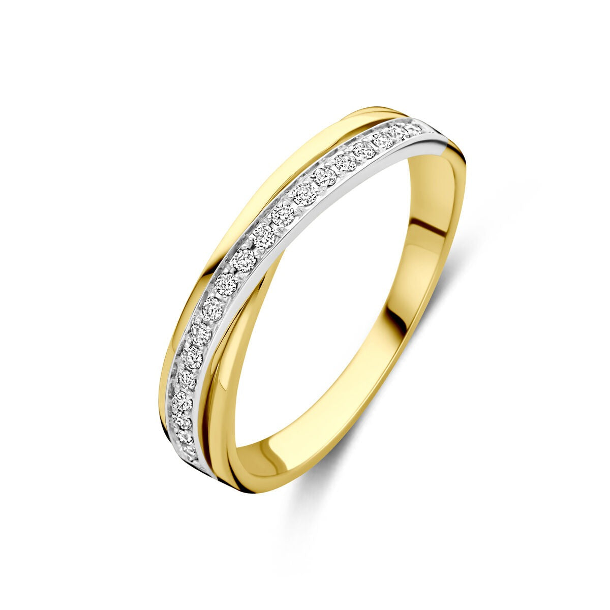 Anello bicolore in oro 14k con diamante da 0,13 ct.