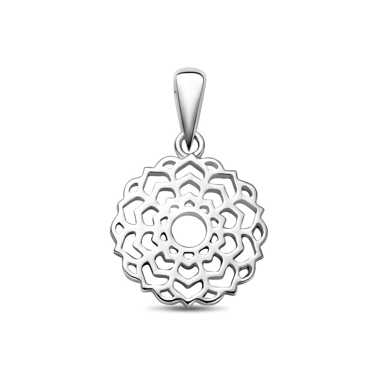 Ciondolo in argento rodiato a forma di fiore con dettagli intagliati.