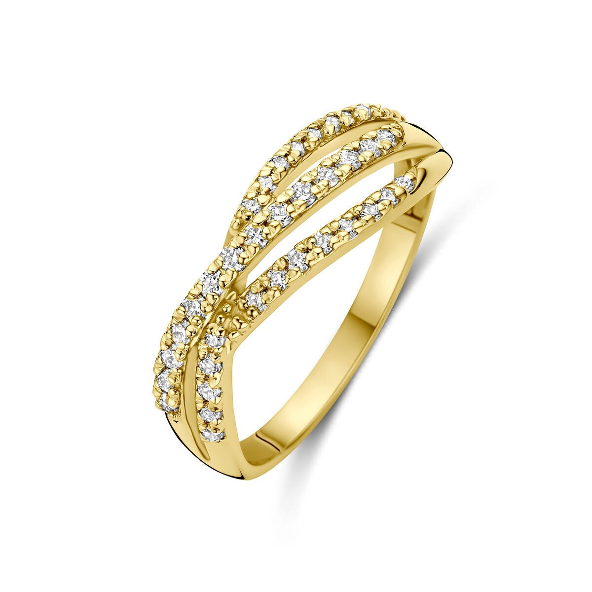 Anello in oro giallo 14k con diamanti lab grown, design ondulato e brillante.