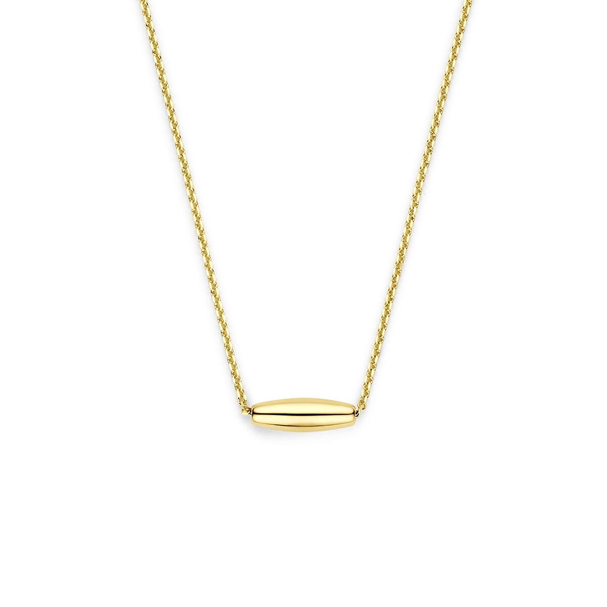 Geelgouden dames ketting met een glad, langwerpig balkje in het midden.