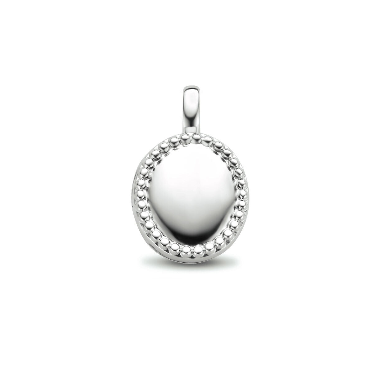 Ciondolo medaglione ovale in argento con bordo decorativo.