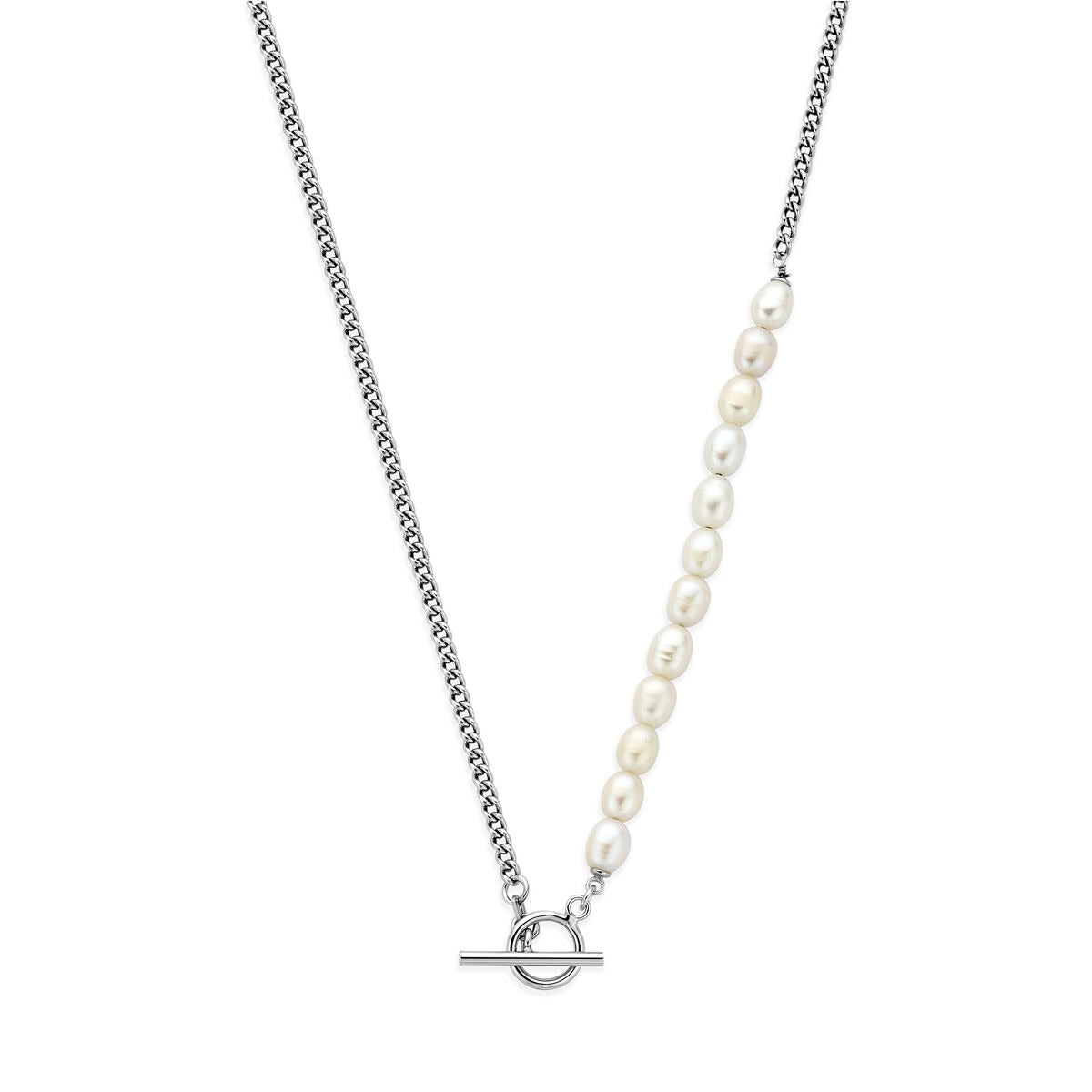 Gerhodineerd 925 zilveren collier met een rij zoetwaterparels en een kapittelslot.