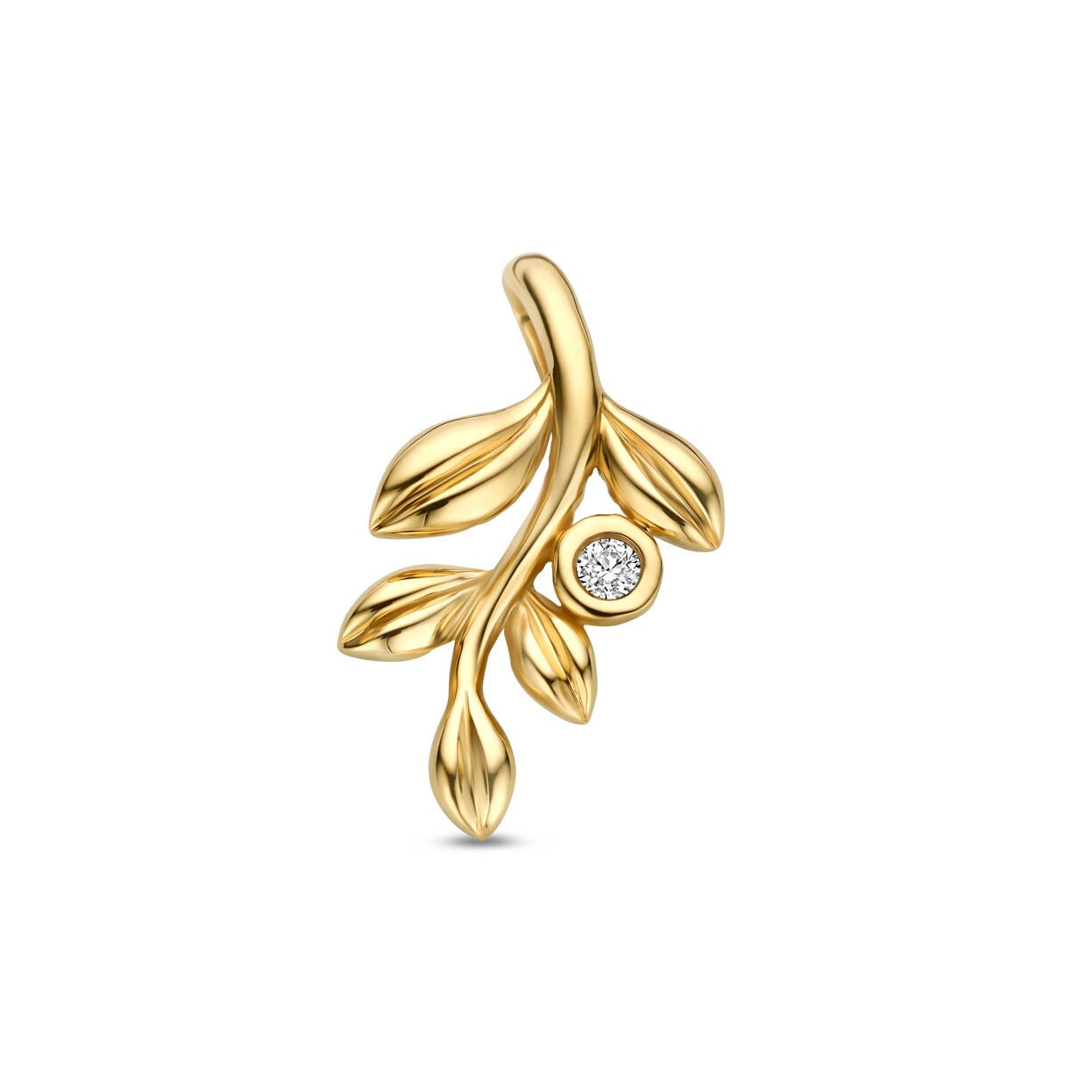 Ciondolo in oro giallo 14k con foglie e diamante lab-grown.