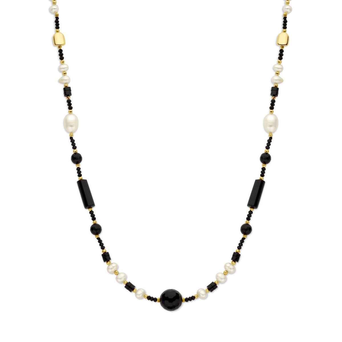 Collana dorata in argento con perle e onice, caratterizzata da perle bianche e sfere nere.
