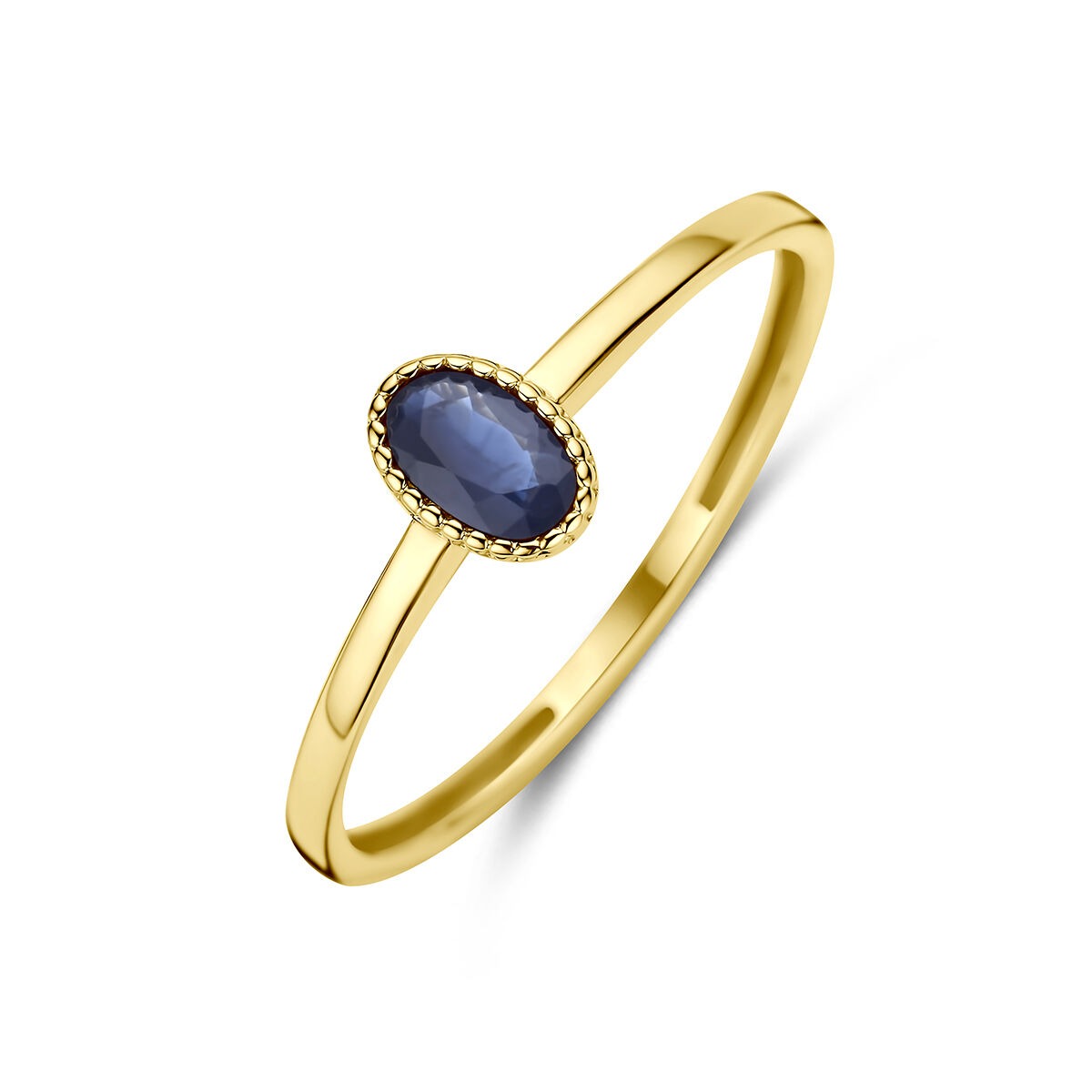 Anello in oro giallo 14k con zaffiro ovale incastonato.
