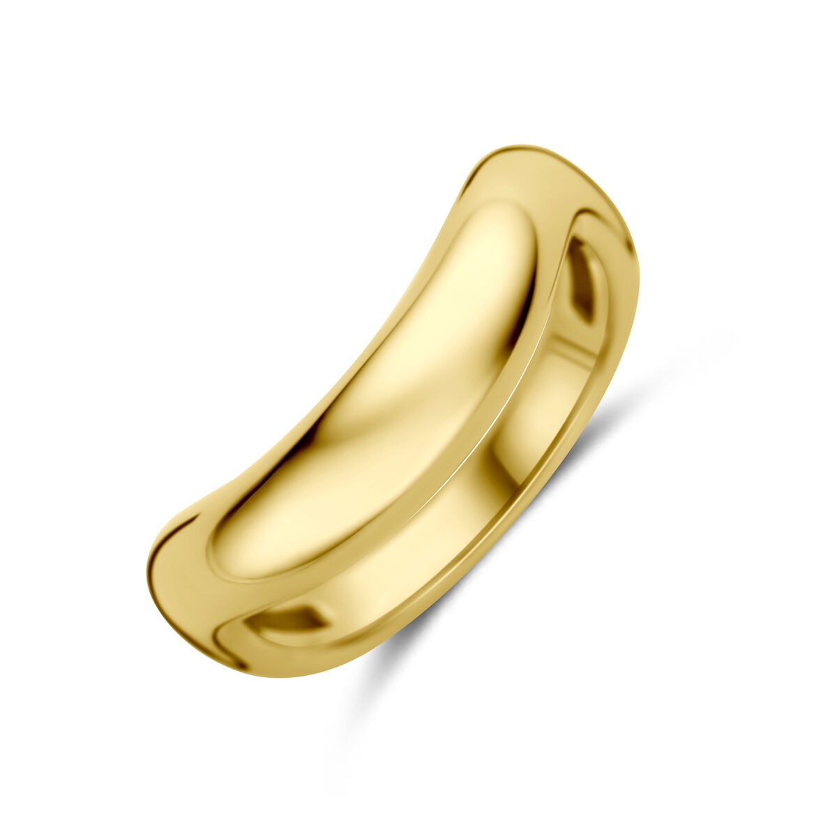 Anello in oro giallo 14k con finitura lucida e forma leggermente curva.