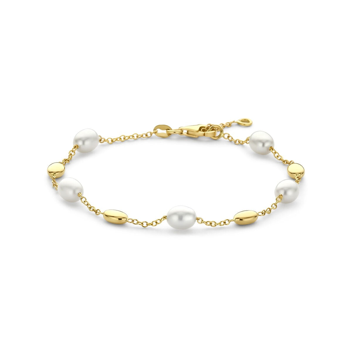 Bracciale in oro giallo 14k con perle bianche e dettagli ovali.