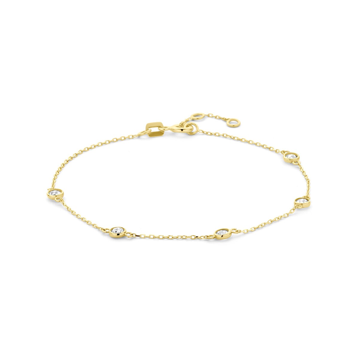 Bracciale in oro giallo 14k con zircone, con una delicata catena e dettagli ovali.