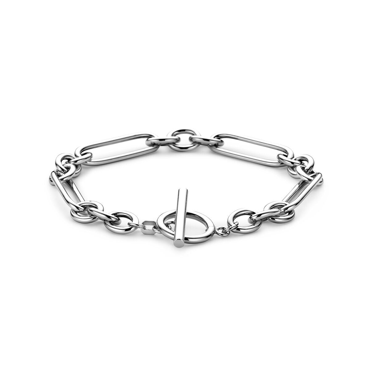 Gerhodineerde zilveren schakelarmband met ankerdesign en een sluiting met een T-vormige ring.
