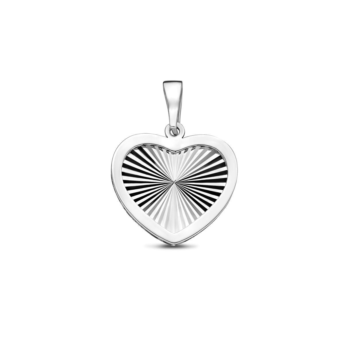 Ciondolo a forma di cuore in argento 925 rodiato, diametro di 18 mm, con motivo a raggi.