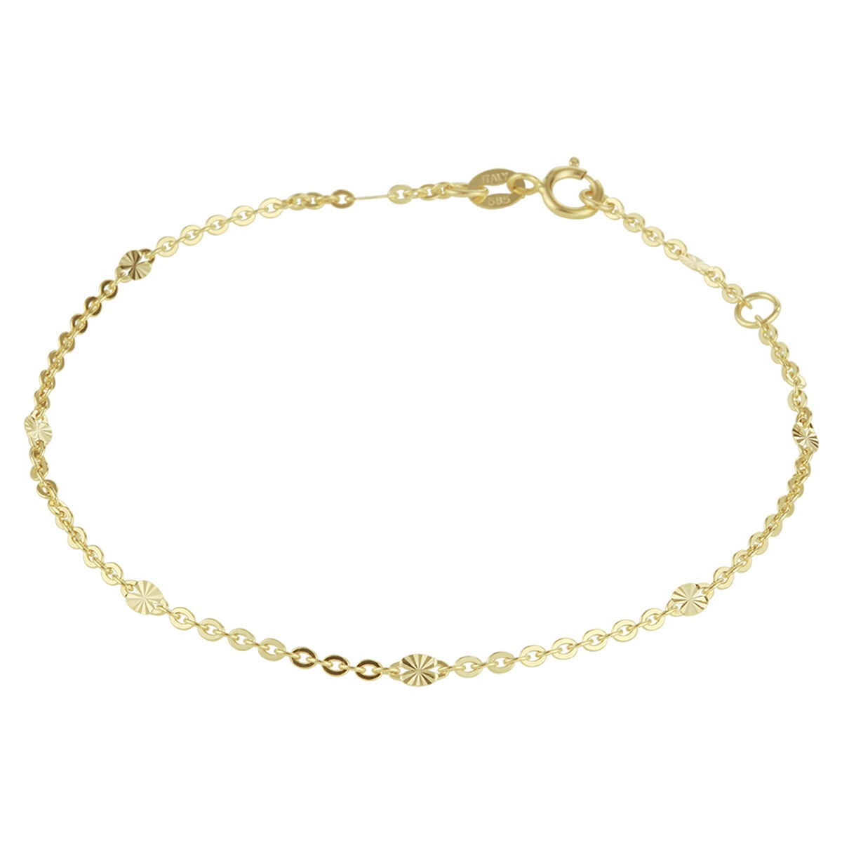 Bracciale in oro giallo 14k con maglie a forma di ancoraggio e dettagli decorativi.