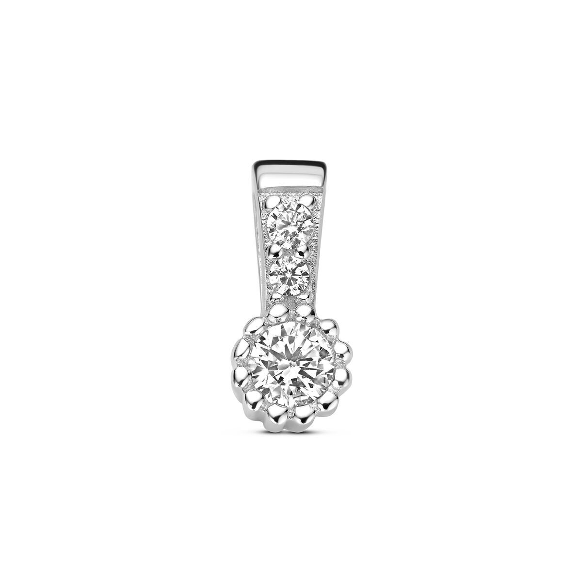 Ciondolo in argento 925 rodiato con zirconi, forma rotonda e dettagli scintillanti.