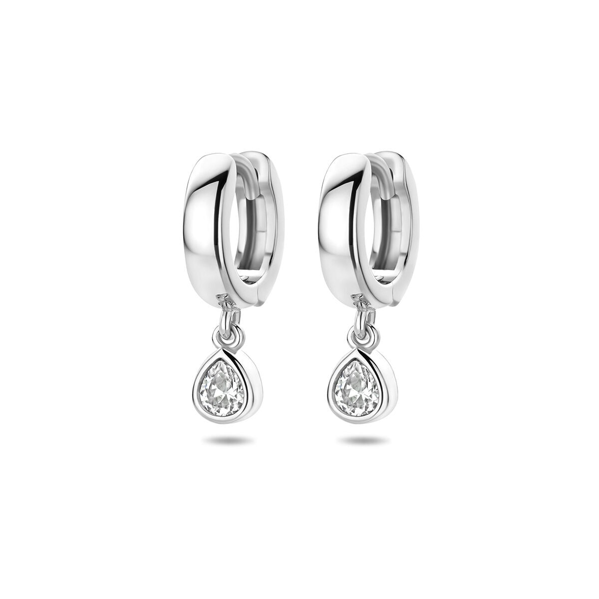 Orecchini alla creola in argento 925 rodiato con zircone a forma di pera.