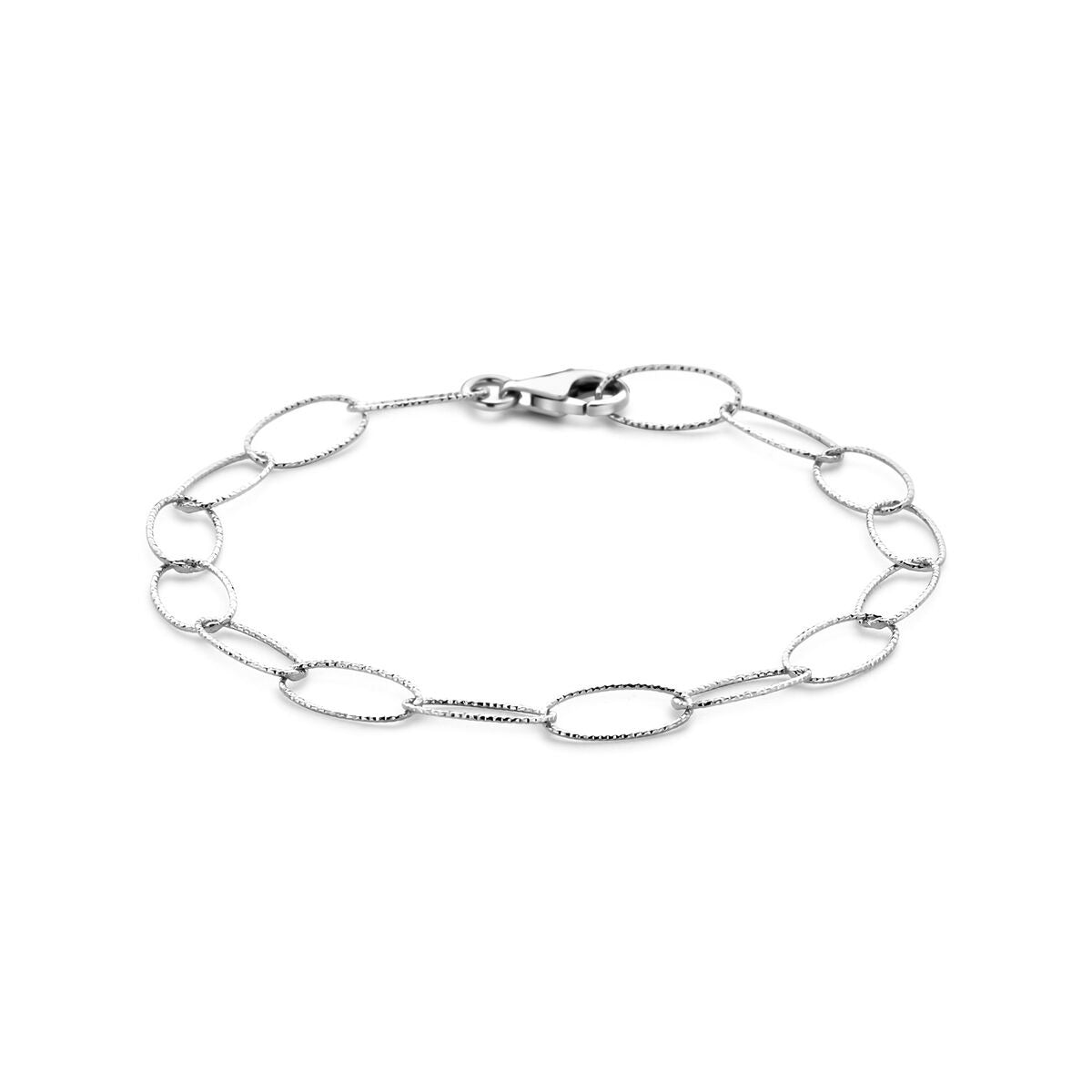 Bracciale da donna in argento rodiato con maglie ad anello di 6,4 mm, lunghezza 19 cm.