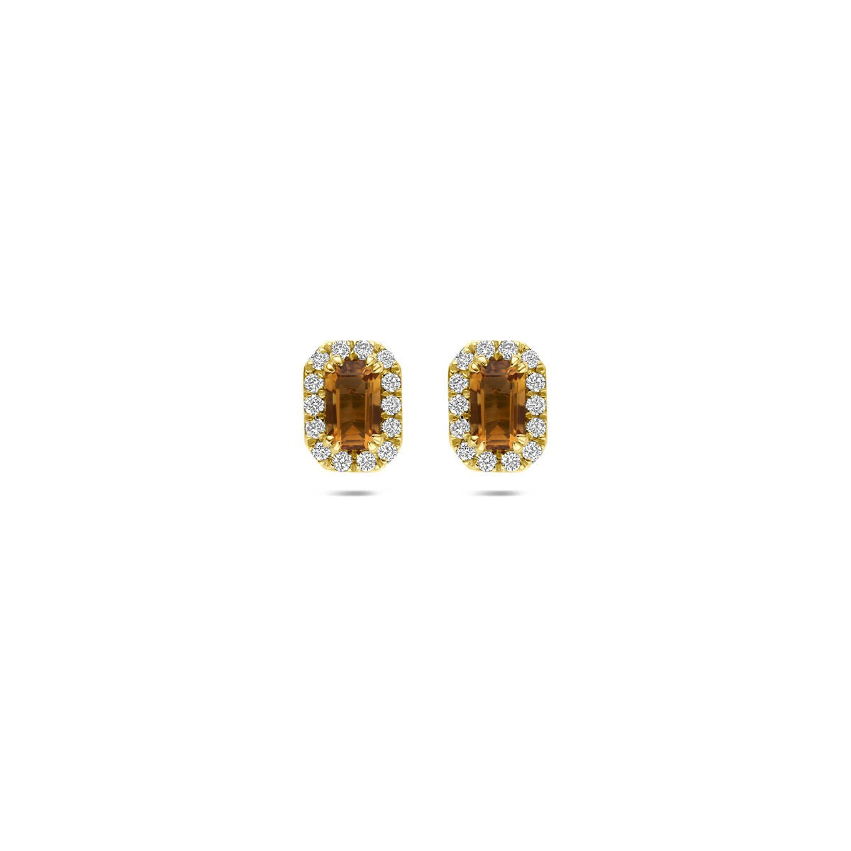 Orecchini in oro giallo 14k con citrino e diamanti lab-grown, forma ovale.