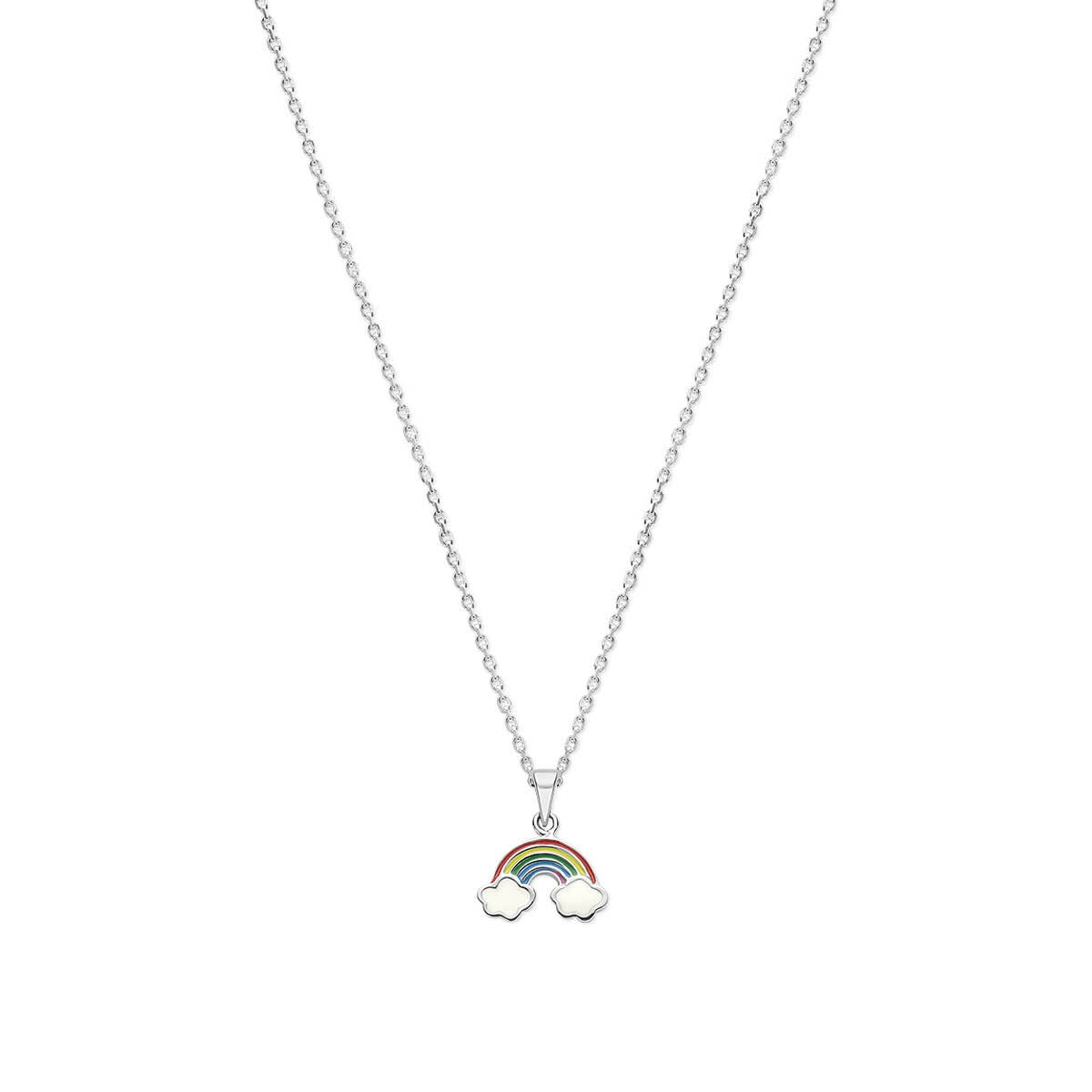 Zilveren kinderketting met een regenbooghanger en emaille details in verschillende kleuren.