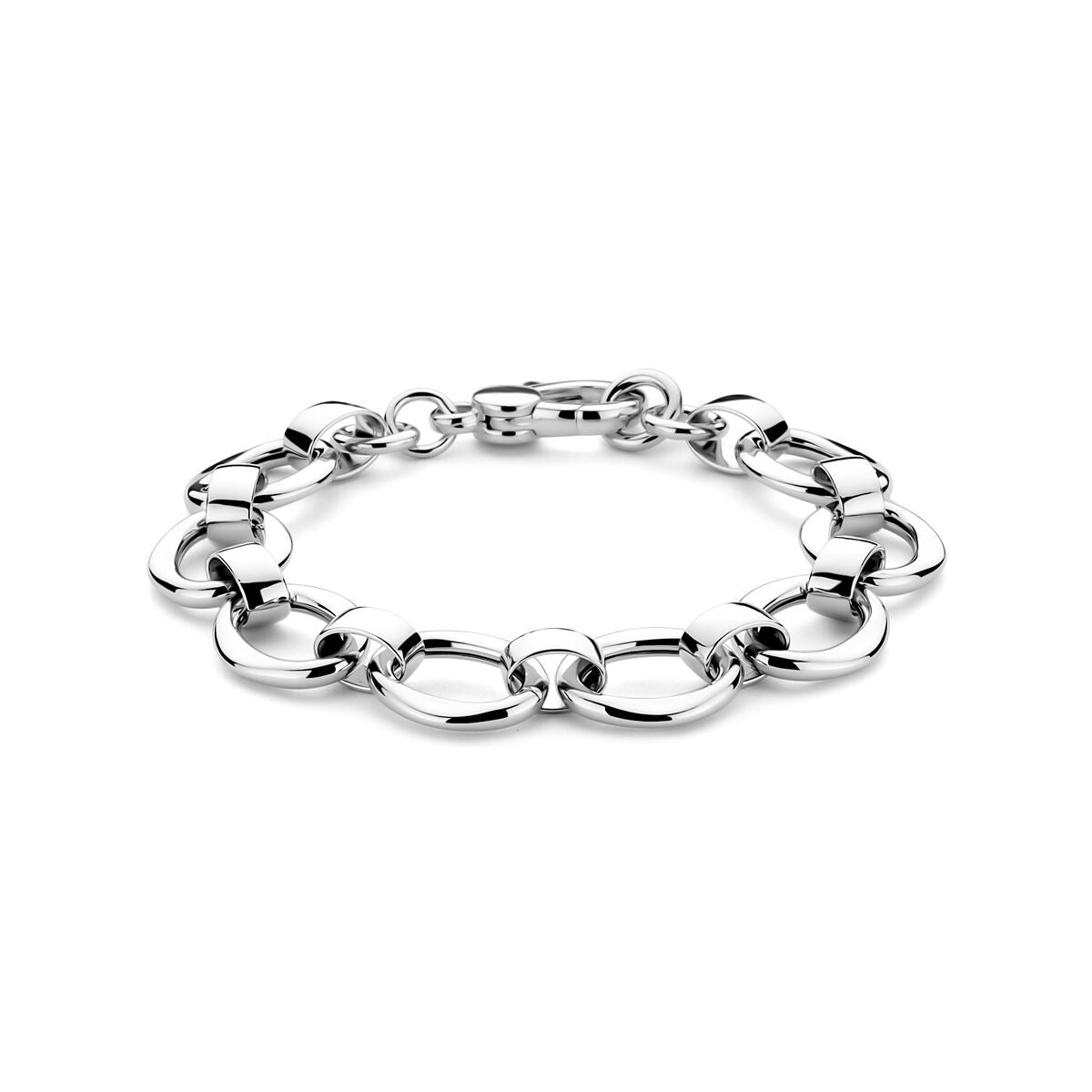Zilveren dames armband met brede schakels en karabijnsluiting, 19 cm lang en 13,5 mm breed.