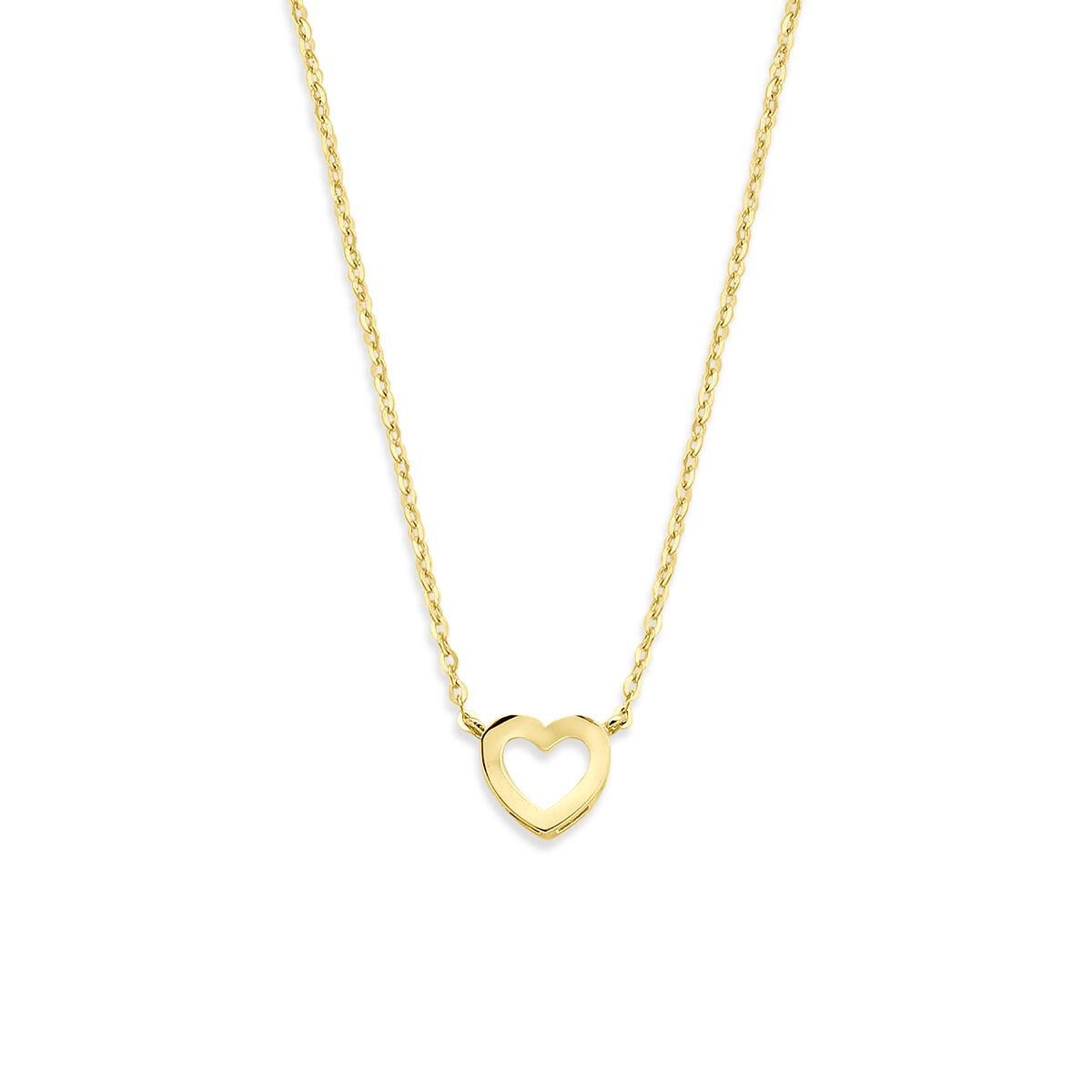 Geelgouden collier met een open hartje als hanger en een fijne schakelketting.