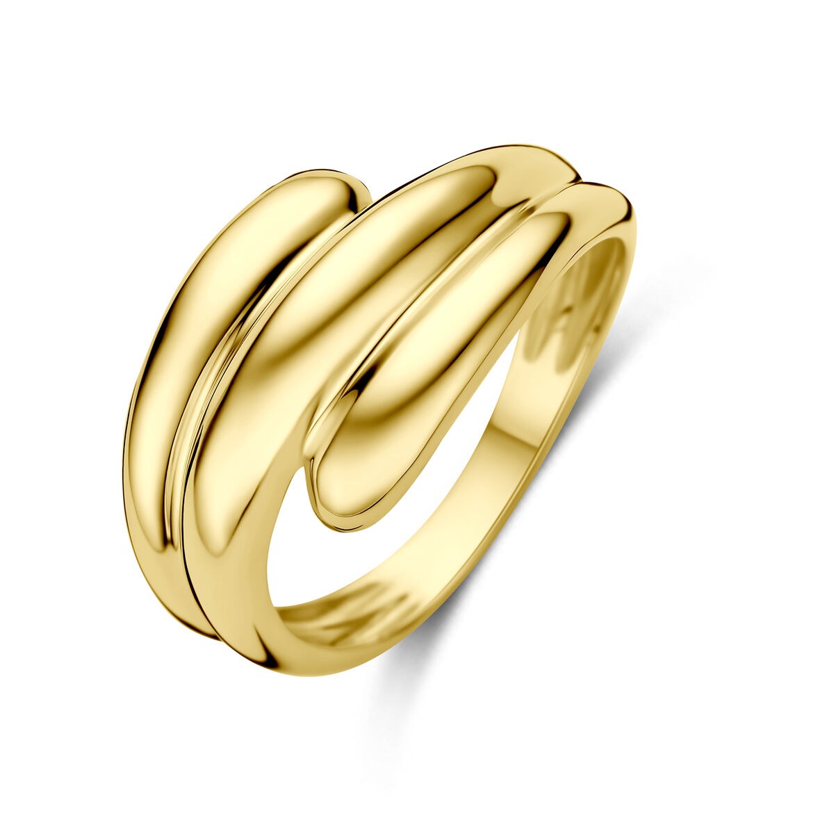 Anello da donna in oro giallo 14k con design ondulato e lucido.