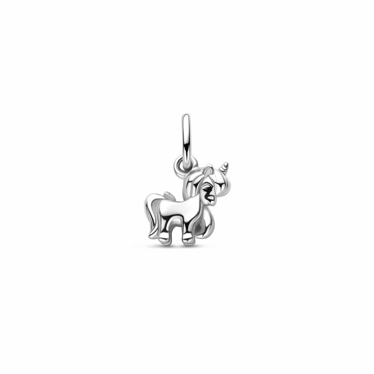 Ciondolo per bambini a forma di unicorno in argento 925 rodiato, dimensione 12 mm.