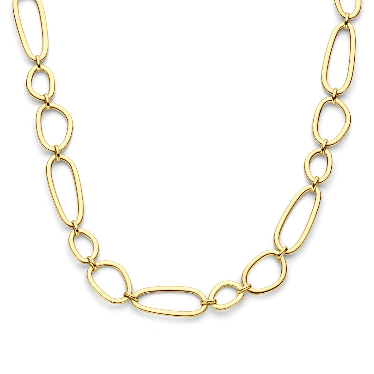 14k geelgouden ketting met brede schakelstructuur en een afwisselende vorm van de schakels.