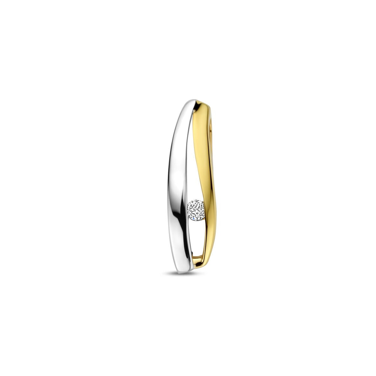 Ciondolo in oro bicolore 14K giallo e bianco con diamante lab-grown da 0,04 ct, forma elegante.