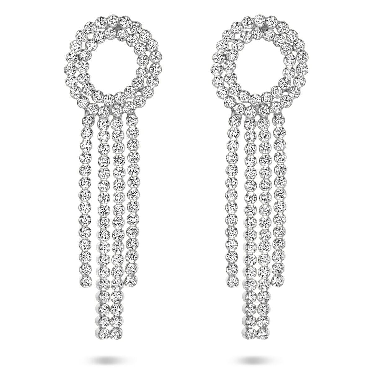 Orecchini in argento rodiato con zirconi, forma circolare con pendenti a catena, lunghezza 62 mm.