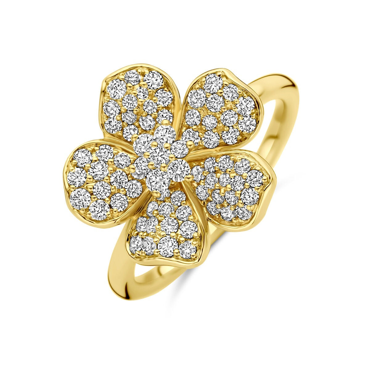 Anello in oro giallo 14k a forma di fiore con diamanti scintillanti.