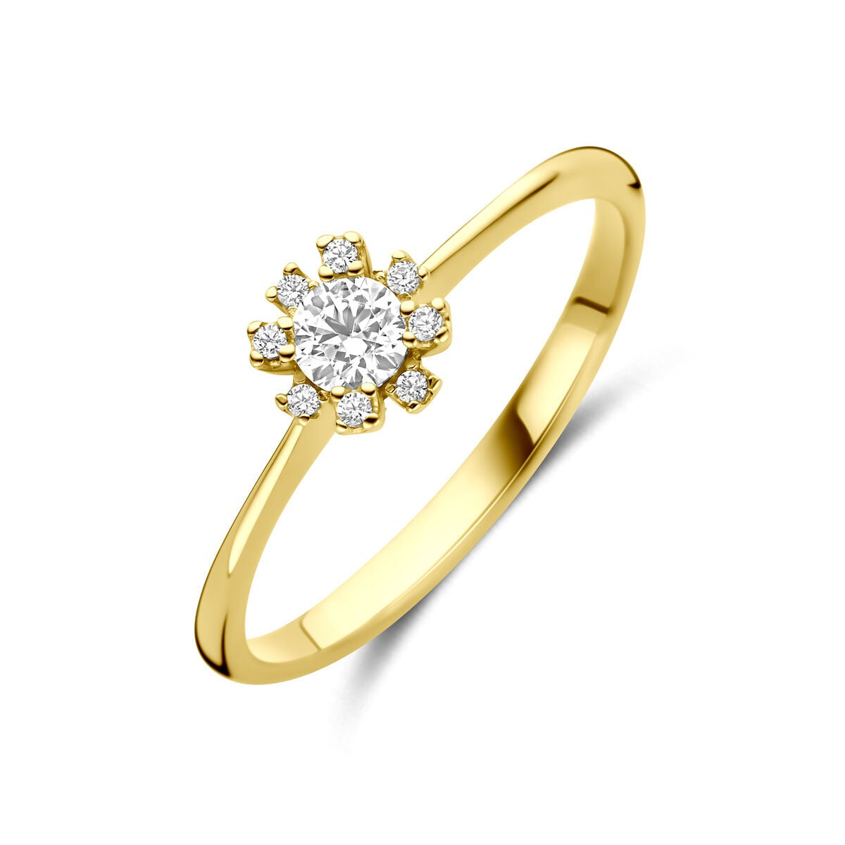 Anello da donna in oro giallo 14k con zirconia, design elegante in stile entourage.