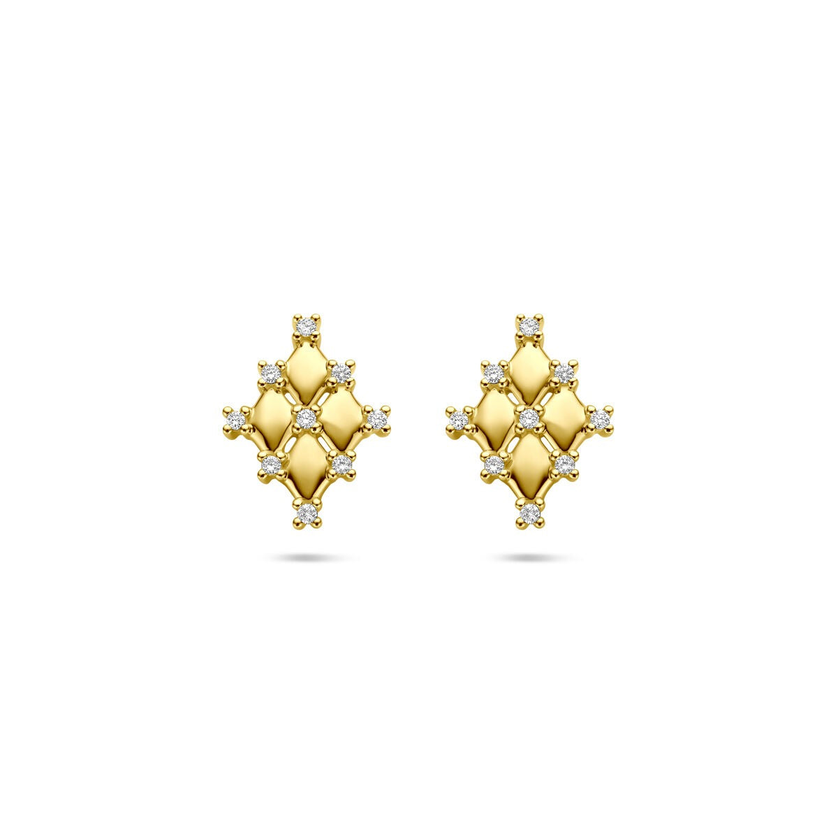 Orecchini in oro giallo 14k, forma romboidale, con diamanti, dimensioni 12 x 9 mm.