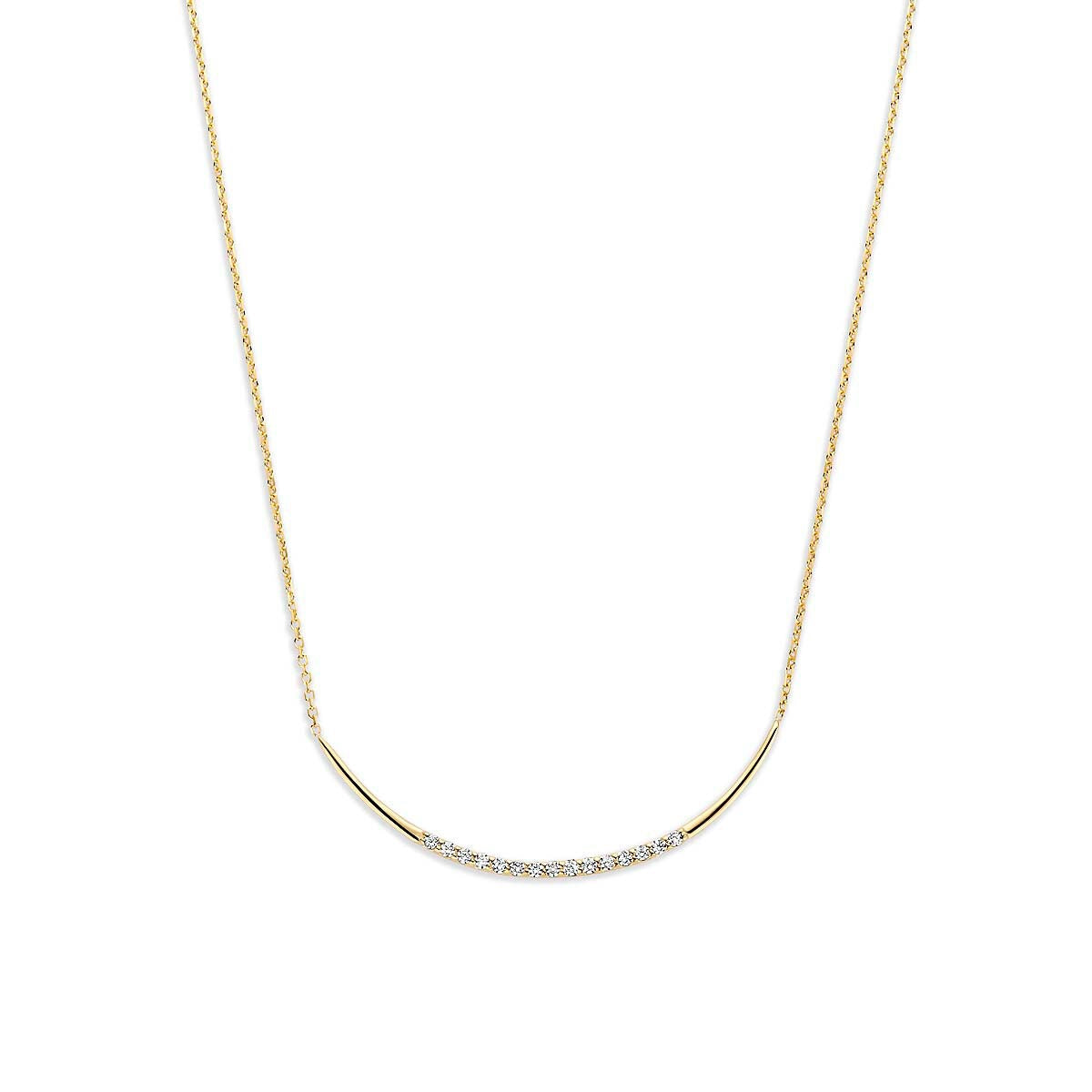 Geelgouden collier van 9k met een gebogen schakel en een rij zirkonia-steentjes.