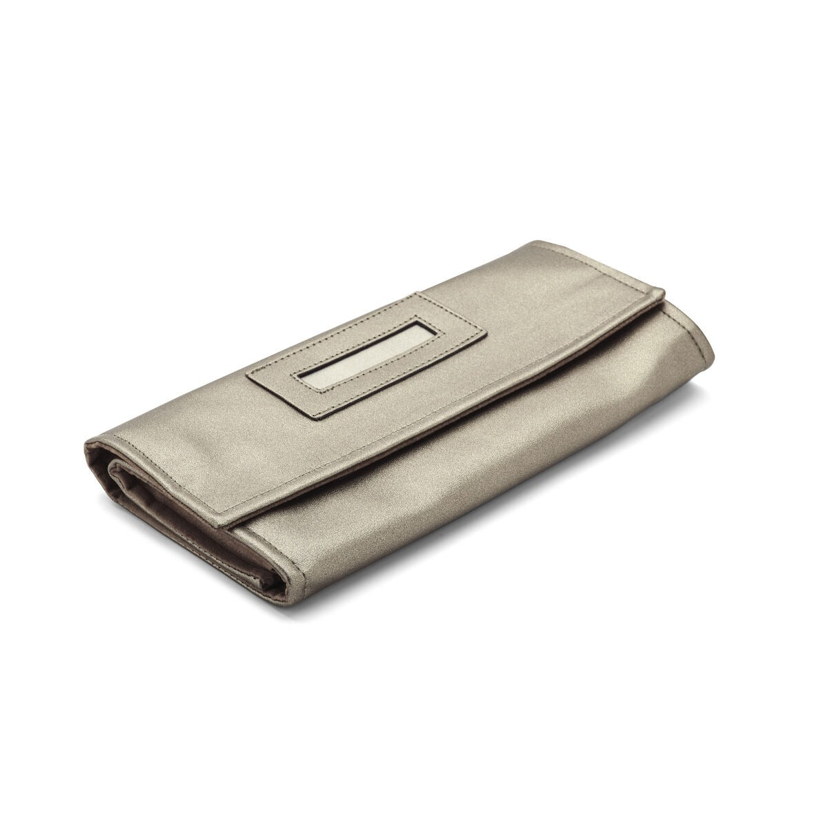 Etui per gioielli marrone con chiusura a strappo e finestra trasparente.
