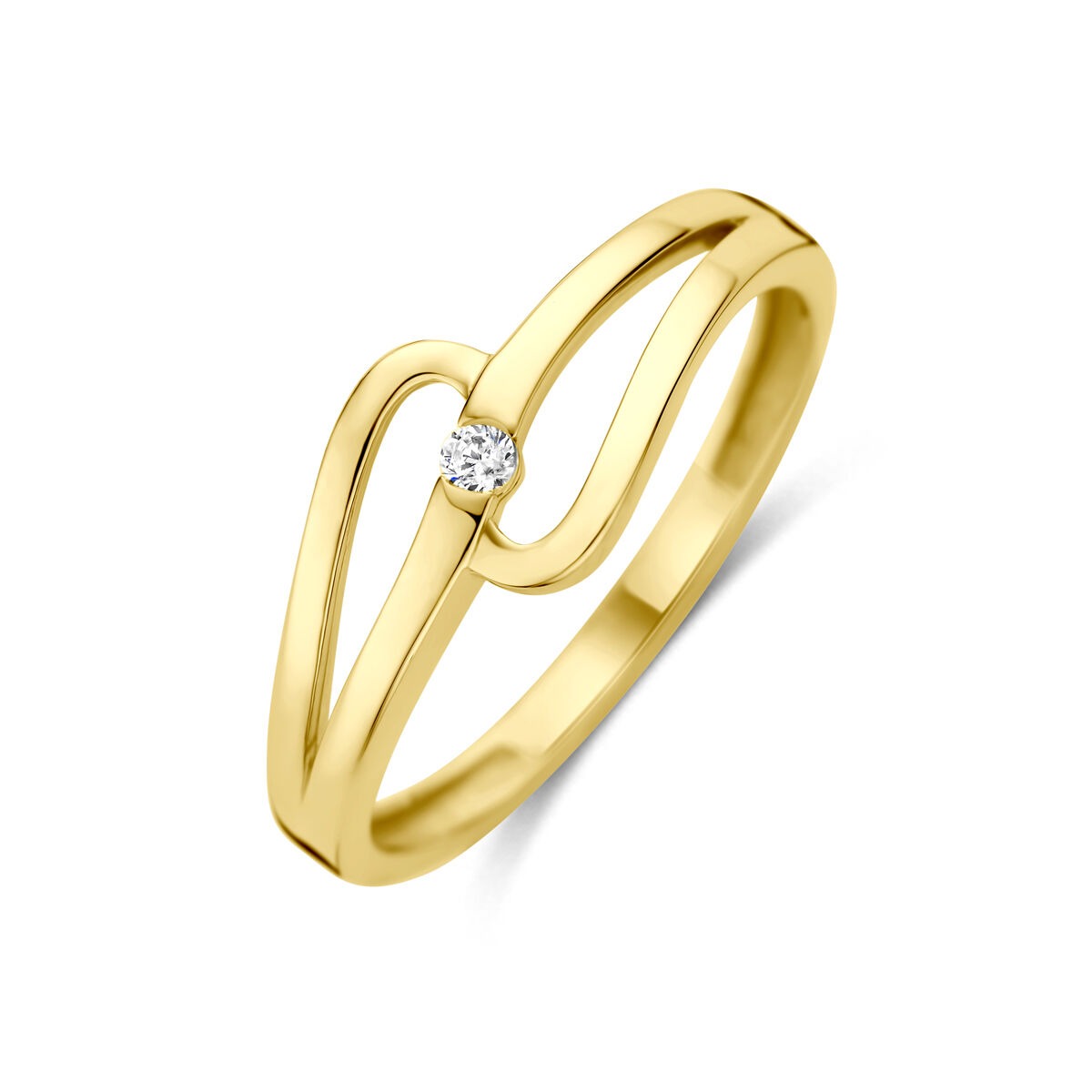 Anello in oro giallo 14k con zircone solitaria, design ondulato.