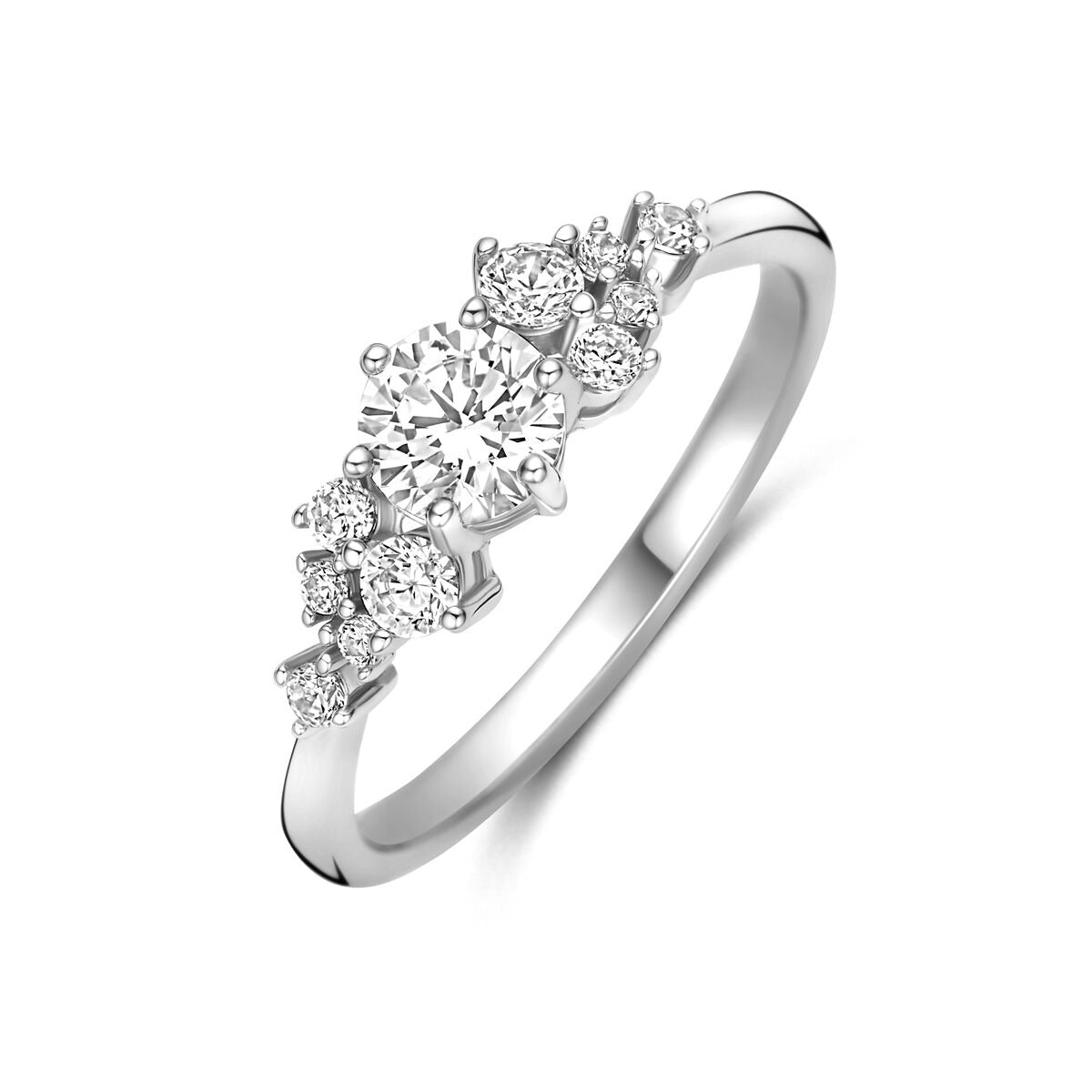 Gerhodineerde 925 zilveren ring met een centrale zirkonia en vijf kleinere zirkonia's in een bloemvormige opstelling.