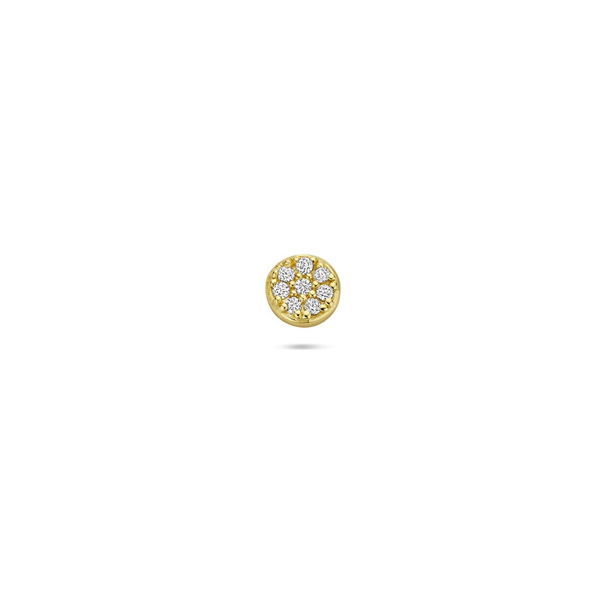Verguld zilveren flat back piercing met zes zirkonia's in een ronde setting.